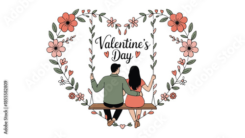 Valentine's Day Love & Leisure: A couple on a swing embraces within a floral heart, perfect for Valentine's Day. It captures a moment of love and leisure.