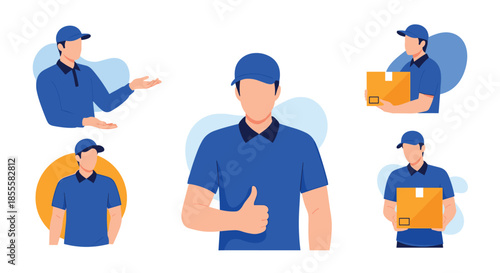 Professional delivery man in blue uniform and cap presenting, giving thumbs up, and holding packages for reliable service.