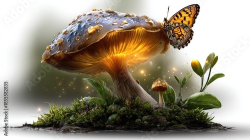 Enchanted Mushroom with Butterfly: A magical glowing mushroom and a vibrant butterfly on top of the mushroom, and delicate moss. A fairy tale comes to life