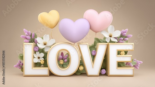 Romantic Love Word Art With Heart Balloons And Floral Accents Soft Colors