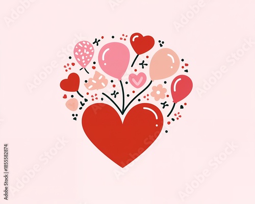 Red Heart With Balloons Pink And Red Flowers And Dots On Pink Background
