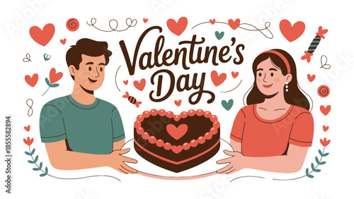 Valentine's Day Couple with Cake: Two lovers sharing a heart-shaped cake, surrounded by romantic decorations, celebrating the joy of Valentine's Day.