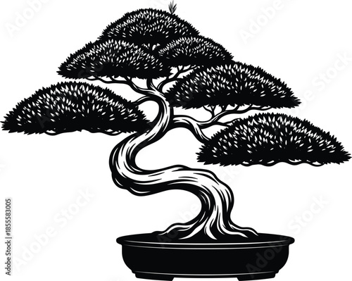 Bonsai tree silhouette vector illustration with twisted trunk isolated for zen garden nature art and minimal design