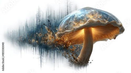 Mystical Mushroom: An ethereal, radiant mushroom captivates, its cap glowing with celestial light as it seemingly disintegrates into a trail of shimmering particles.