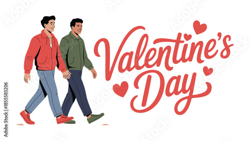 Love's Embrace: Two men walk hand in hand, embodying unity and affection amidst the Valentine's Day spirit. Hearts flutter, signifying the celebration of love.