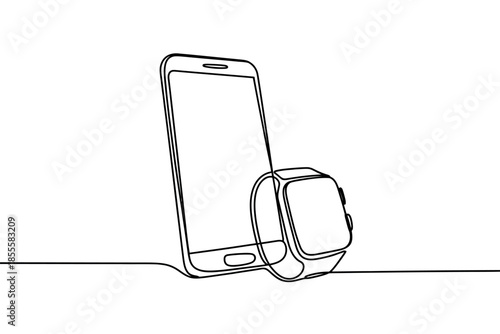 Continuous line art depicting smartphone and smartwatch connectivity