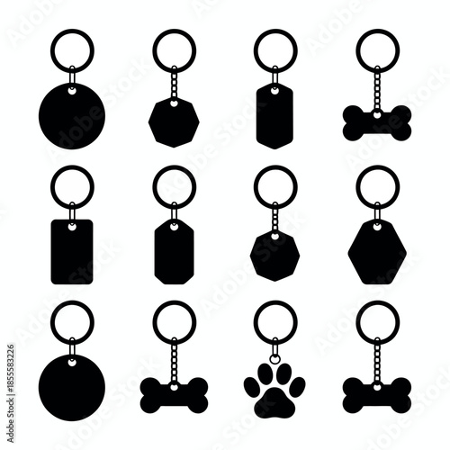 Collection of pet identification tags and keychains silhouettes