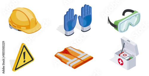 Safety equipment collection hard hat gloves goggles warning sign vest first aid kit