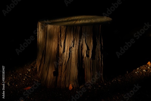 Weathered tree stump in dark forest with spotlight