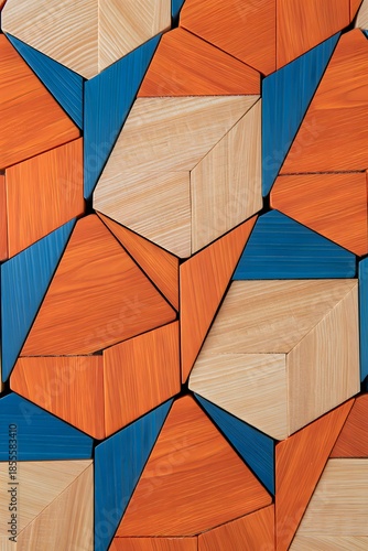 Vibrant wooden puzzle pieces in orange, blue, and beige