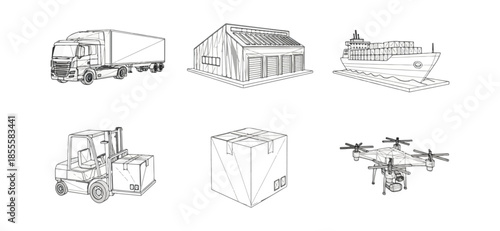 Transportation and logistics icons truck warehouse ship forklift box drone