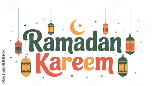 Ramadan Kareem Illustration: Festive and colorful Ramadan Kareem graphic. The image features a crescent moon, star, and hanging lanterns, set against a background to wish everyone a blessed Ramadan.