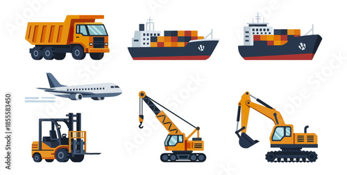 Transportation fleet icons trucks ships airplane crane and forklift on black