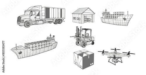 Transportation logistics collection truck ship warehouse forklift drone and box