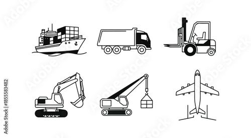 Transportation vehicles icons set ship truck forklift excavator crane airplane