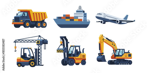 Transportation vehicles illustration truck ship airplane crane forklift excavator