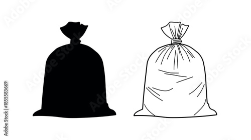 Black silhouette and line drawing of a tied trash bag