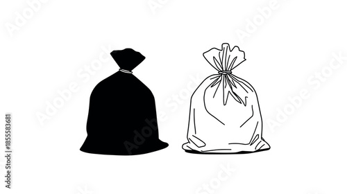 Two tied garbage bags one black and one white outline illustration
