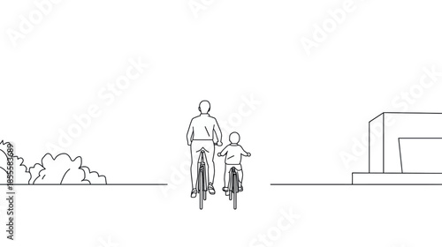 Father and child cycling together on a path with trees and building illustration