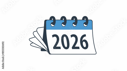 Illustration of a calendar page showing the year 2026 on a white background with blue accents.