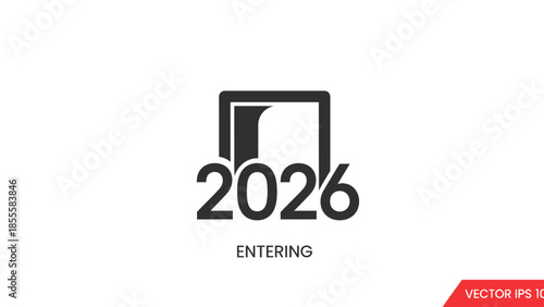 Vector illustration of a futuristic date entering a digital portal with the year 2026 in bold font on a clean white background.