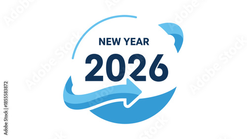 Graphic design of a blue New Year 2026 logo with arrows on a white background, conveying a modern and futuristic mood.