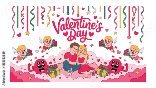 Romantic Valentine's Day Illustration: A charming Valentine's Day illustration featuring a loving couple amidst hearts, cherubs, and festive decorations, evoking feelings of love, romance.