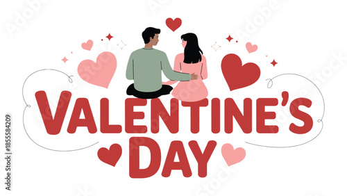 Valentine's Day Couple in Love: A romantic scene features a couple embracing amidst hearts and Valentine's Day text. It captures the essence of affection and togetherness.