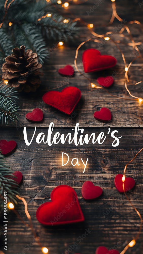 Obraz premium Valentine s day celebration with red hearts and pinecone