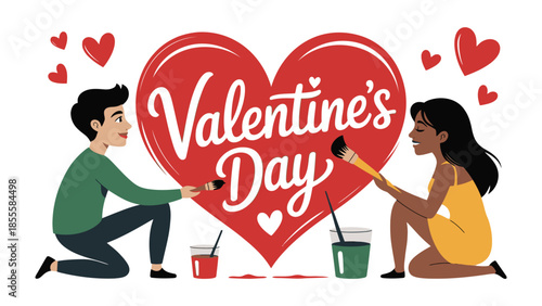 Valentine's Day Creation: A couple collaborates in painting a giant red heart, the central symbol of Valentine's Day. It's a colorful and heartwarming illustration of love, romance, and togetherness.