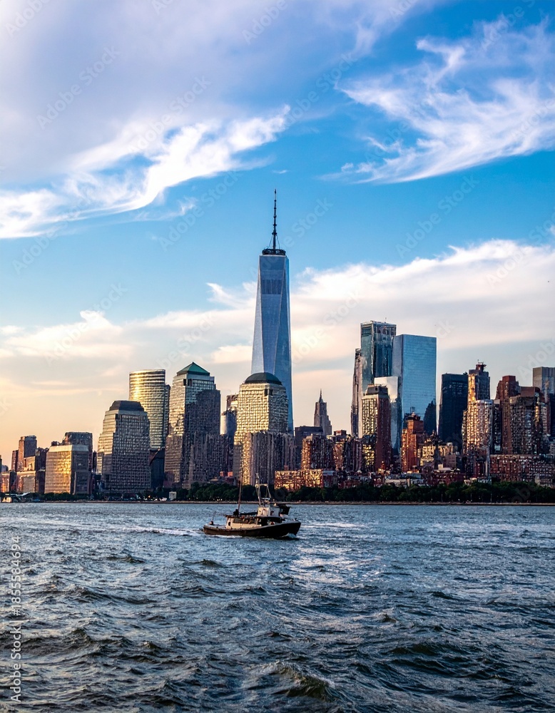 Fototapeta premium Stunning View of New York City Skyline with Boat on Water Under Blue Sky.