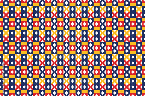 A seamless geometric pattern with repeating abstract shapes arranged in a balanced grid layout. Designed with bold colors and symmetrical forms, this pattern is ideal for wallpapers, textiles, packagi