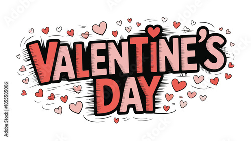 Valentine's Day Greeting: Festive Valentine's Day greeting in bold lettering with delicate hearts, perfectly captures the joy of love and affection.