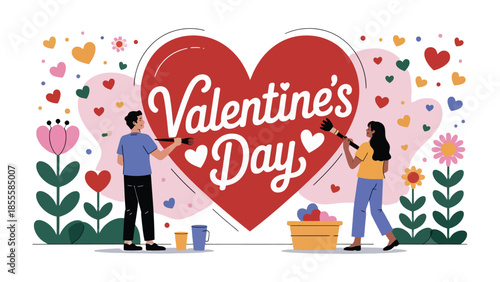 Valentine's Day Illustration: A charming illustrated scene for Valentine's Day, two individuals artistically paint a large heart with brush and creativity, adding a touch of love, romance.