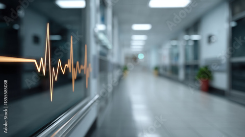 Blurry hospital corridor with heartbeat waveform overlay, medical monitor pulse line floating, sterile hallway and soft lighting evoking urgency and calm