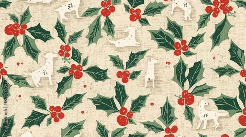  illustration of a Christmas dog on a fabric texture with a repeating holly leaf motif pattern design, featuring a cute dog in a festive holiday setting