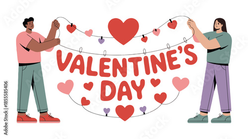 Valentine's Day Decorations: A couple joyfully displays a banner declaring 'Valentine's Day', adorned with heart-shaped decorations, set against a backdrop of affection and celebration.