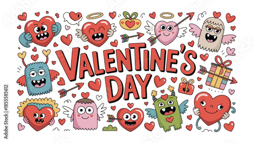 Valentine's Day Illustration: A vibrant and playful illustration celebrating Valentine's Day. It features a festive array of hearts, cherubs, and love-themed elements, conveying joy and affection.