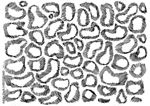 Set of chaotic spots filled with stroke texture. Spots of different sizes and shapes. Wide outline of black strokes. All strokes have different directions. White background and the middle of spots.