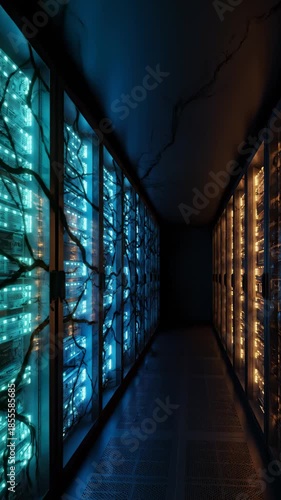 Data Center Lights Showcasing Servers With Glowing Connections