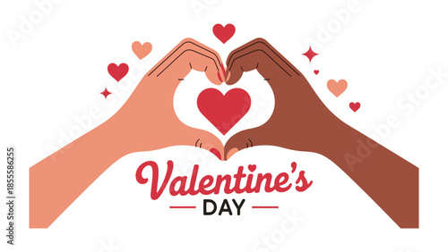 Valentine's Day Hands Heart: Two hands, forming a heart shape, surrounded by small hearts, celebrate the spirit of love and affection.
