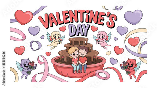 Valentine's Day Illustration: a couple of lovebirds, cherubs, and decorations. A sweet illustration captures the essence of Valentine's Day.