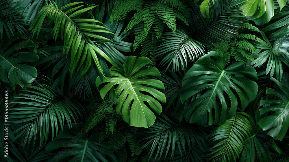 Fototapeta premium Dense tropical green leaves forming a lush natural background with rich texture and depth. 
