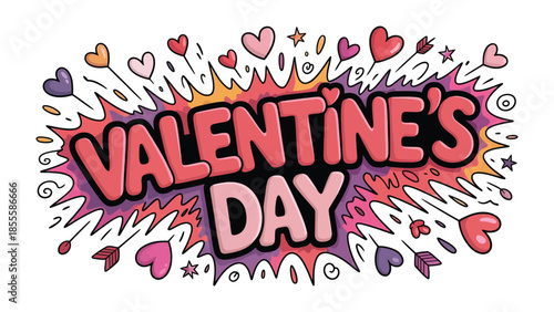 A Vibrant Valentine's Day Display: A dynamic graphic explodes with color and emotion, featuring the iconic phrase Valentine's Day amidst a backdrop of hearts, arrows, and radiant energy.
