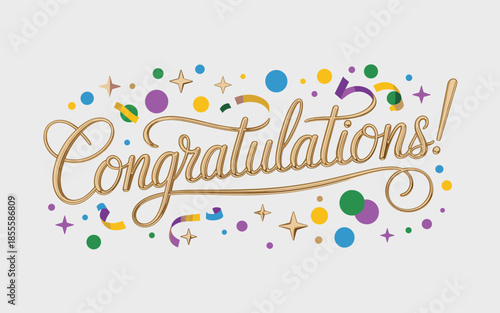 Gold Congratulations Text with Colorful Dots and Stars Background