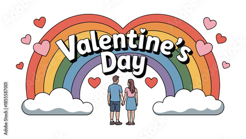 Valentine's Day Rainbow Romance: A couple stands hand-in-hand beneath a vibrant rainbow, surrounded by floating hearts, celebrating Valentine's Day. The scene radiates love, joy, and togetherness.