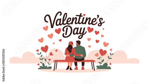 Valentine's Day Love: A romantic Valentine's Day illustration depicts a couple embracing on a bench, surrounded by hearts. conveying the essence of love and togetherness