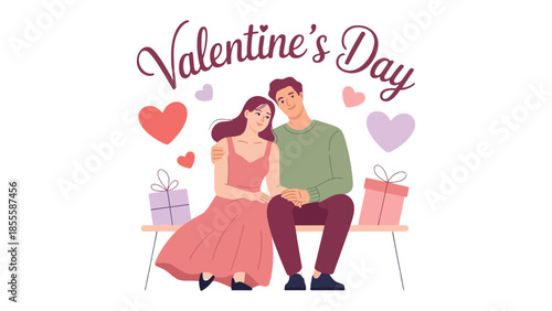 Romantic Valentine's Day Scene: A tender scene of a couple on a date with hearts and gifts, all set to create a romantic Valentine's Day atmosphere.