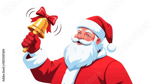 Santa Claus ringing a golden bell with a red bow, celebrating Christmas and spreading holiday cheer