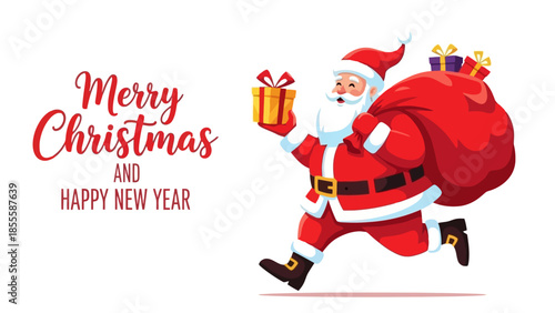 Merry Christmas and Happy New Year illustration featuring Santa Claus running with a sack full of gifts and gift boxes